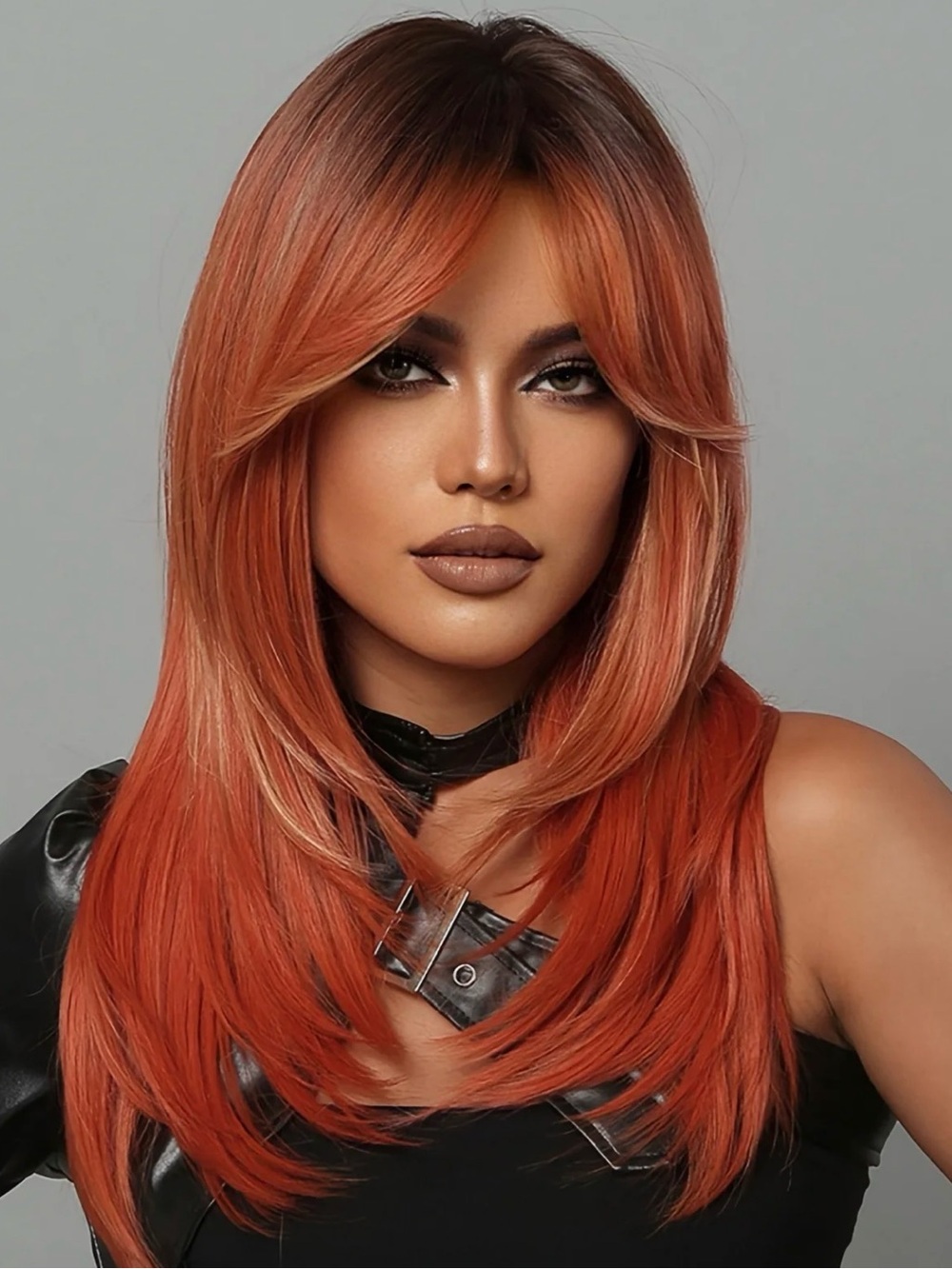 Long Layered Women’s Wig in Cherry Copper Red - Dark Roots & Caramel Highlights